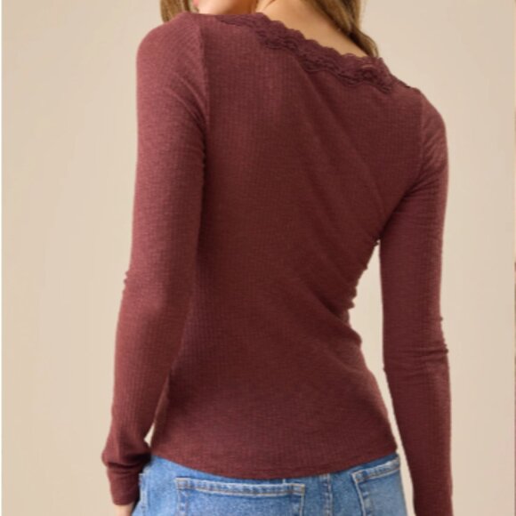 Altar'd State Long Sleeve Brown Victoria Lace Ribbed Top - Picture 3 of 4